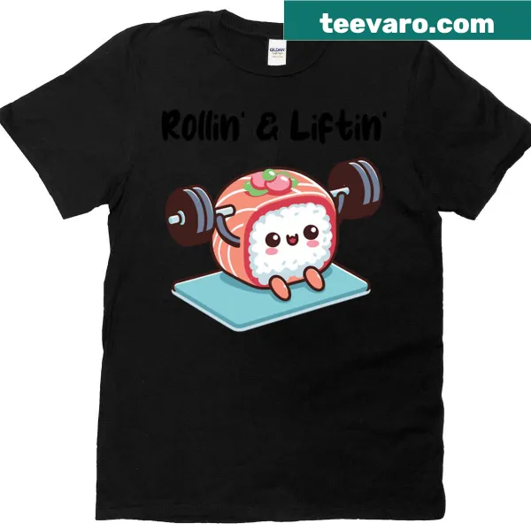 Sushi roll lifting weights graphic on a T-shirt