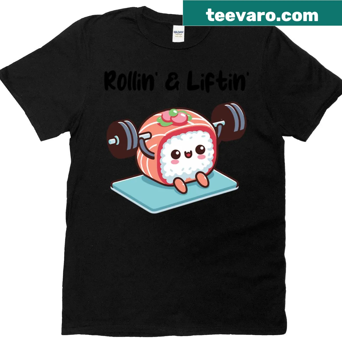 Sushi roll lifting weights graphic on a T-shirt — on a men's t-shirt