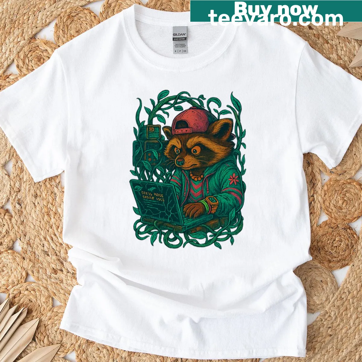 Oversized T-shirt featuring a Tanuki in debug mode graphic — on a men's t-shirt