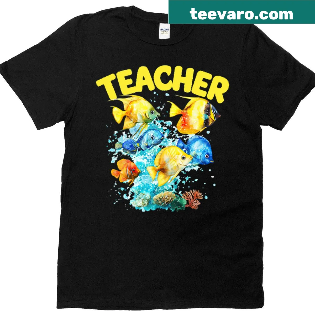 Watercolor T-shirt featuring the phrase 'Teacher School Of Fish' in a fun design — on a men's t-shirt
