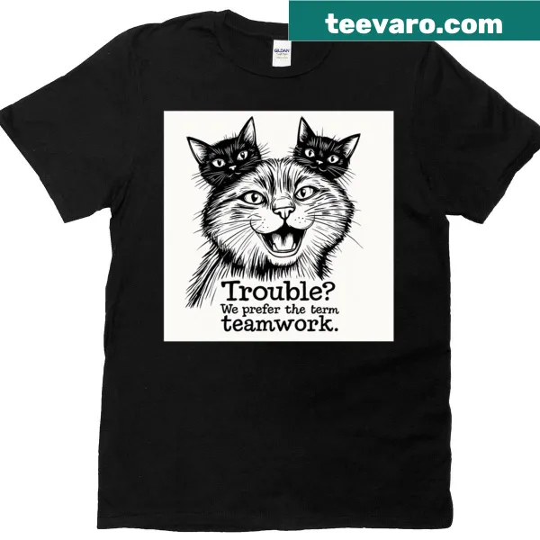 Funny cat drawing T-shirt with 'Team Trouble' in cartoon style