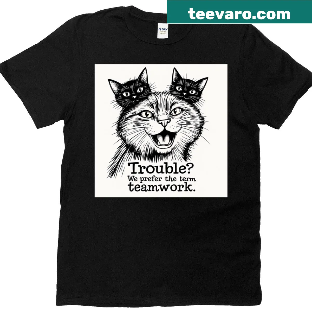 Funny cat drawing T-shirt with 'Team Trouble' in cartoon style — on a men's t-shirt