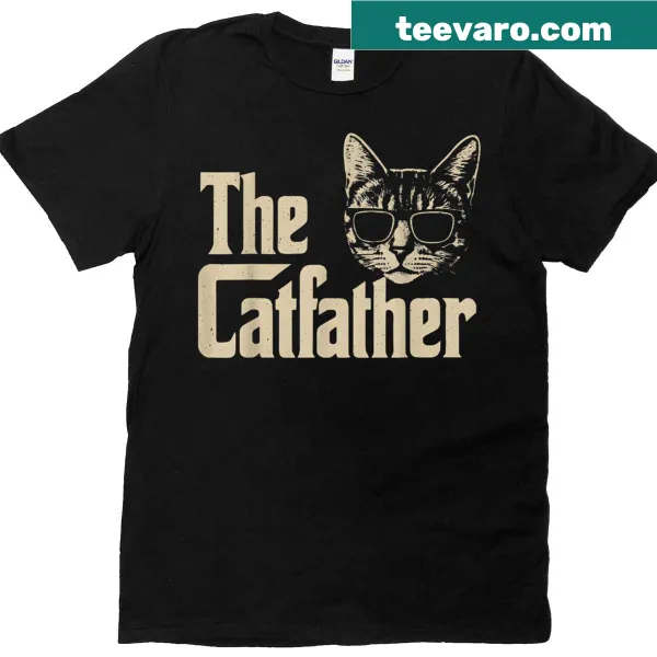 Funny Cat Dad t-shirt with 'Catfather' text and whimsical graphic.