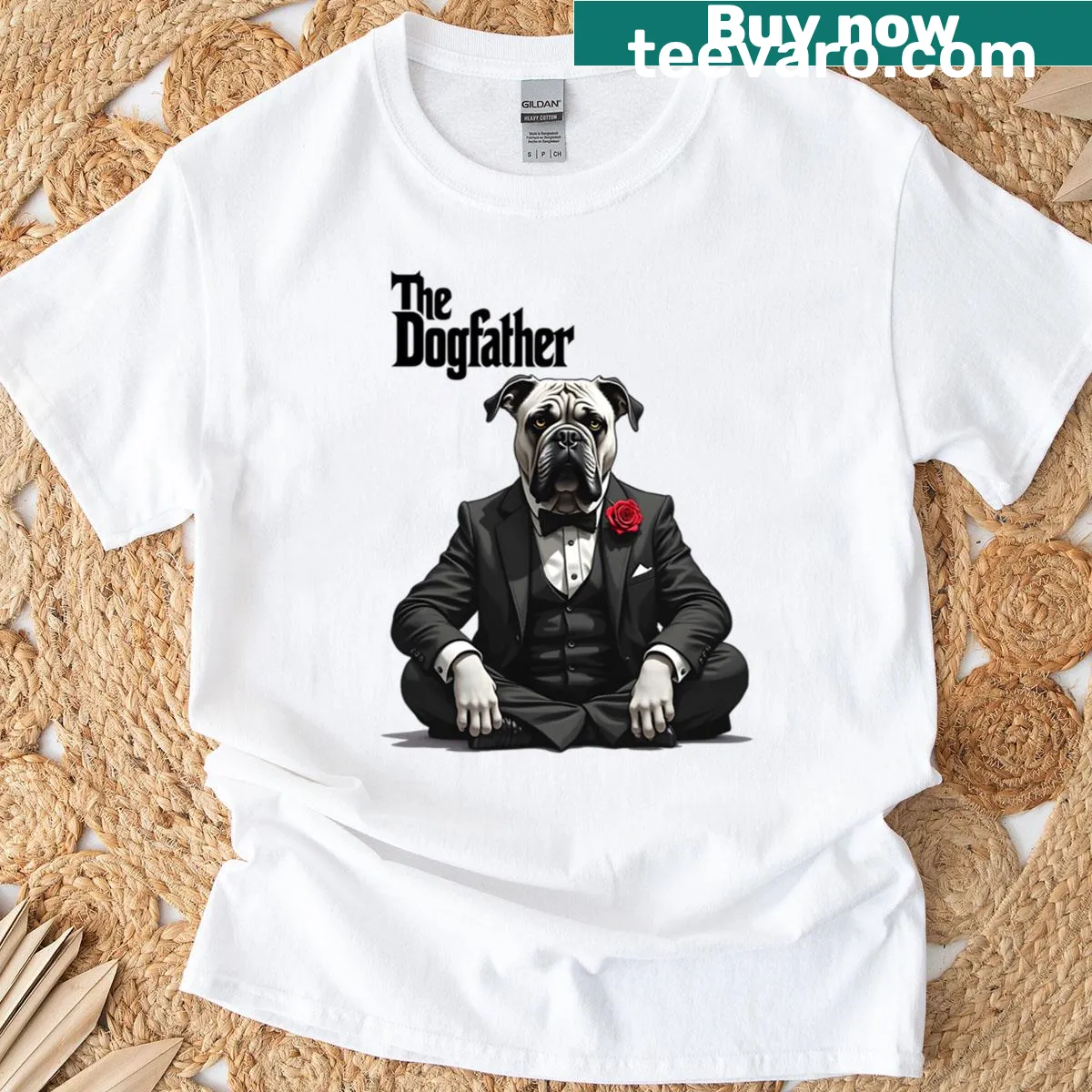 Funny Dogfather t-shirt with a cartoon dog and mafia theme — on a men's t-shirt