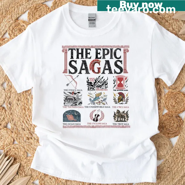 Literary-themed t-shirt referencing Odysseus and the Ithaca saga.