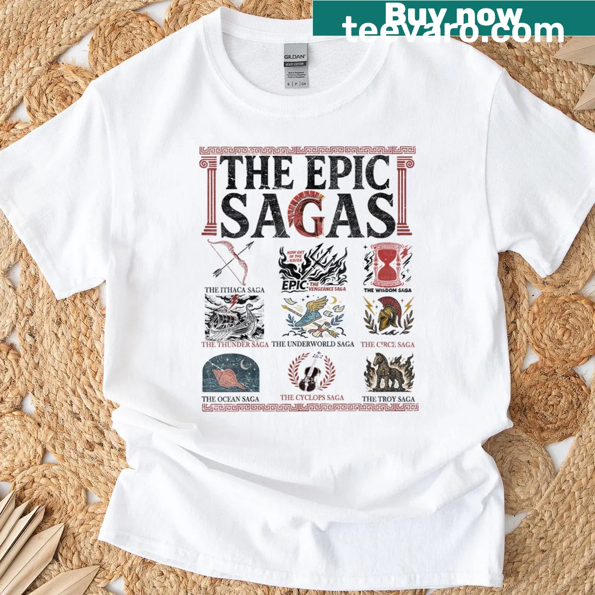 Literary-themed t-shirt referencing Odysseus and the Ithaca saga. — on a men's t-shirt
