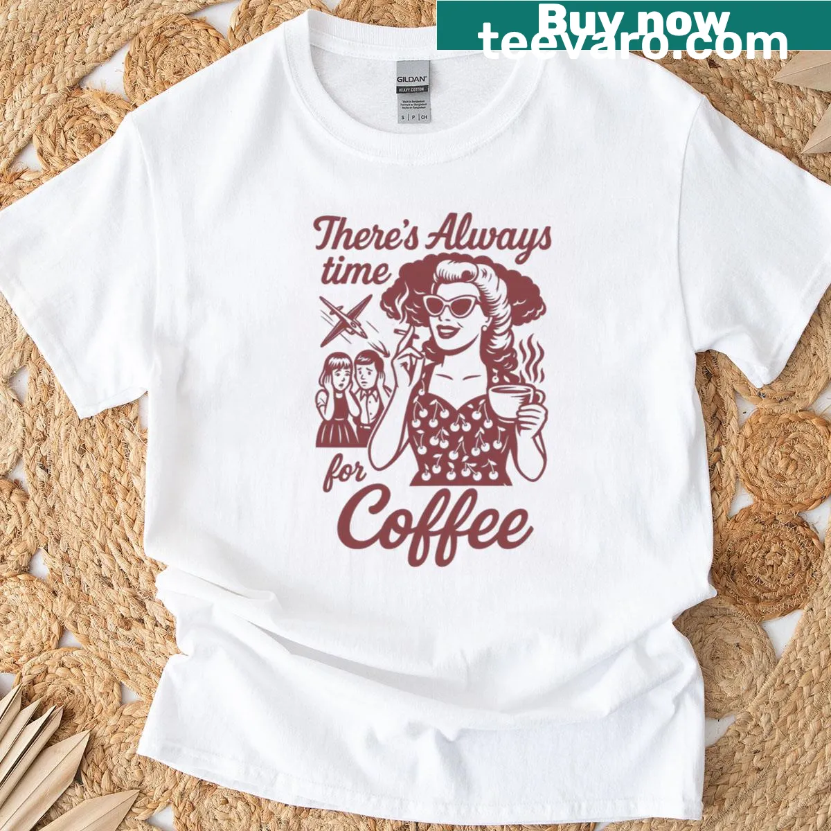 50s pinup t-shirt with 'There's Always Time For Coffee' design — on a men's t-shirt