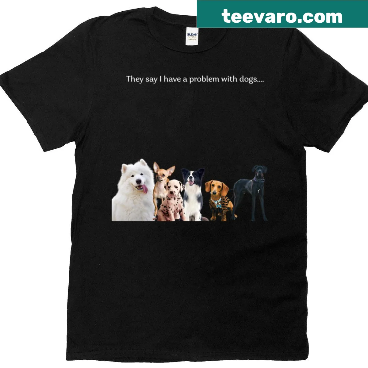 Funny t-shirt claiming a love for dogs with playful text. — on a men's t-shirt