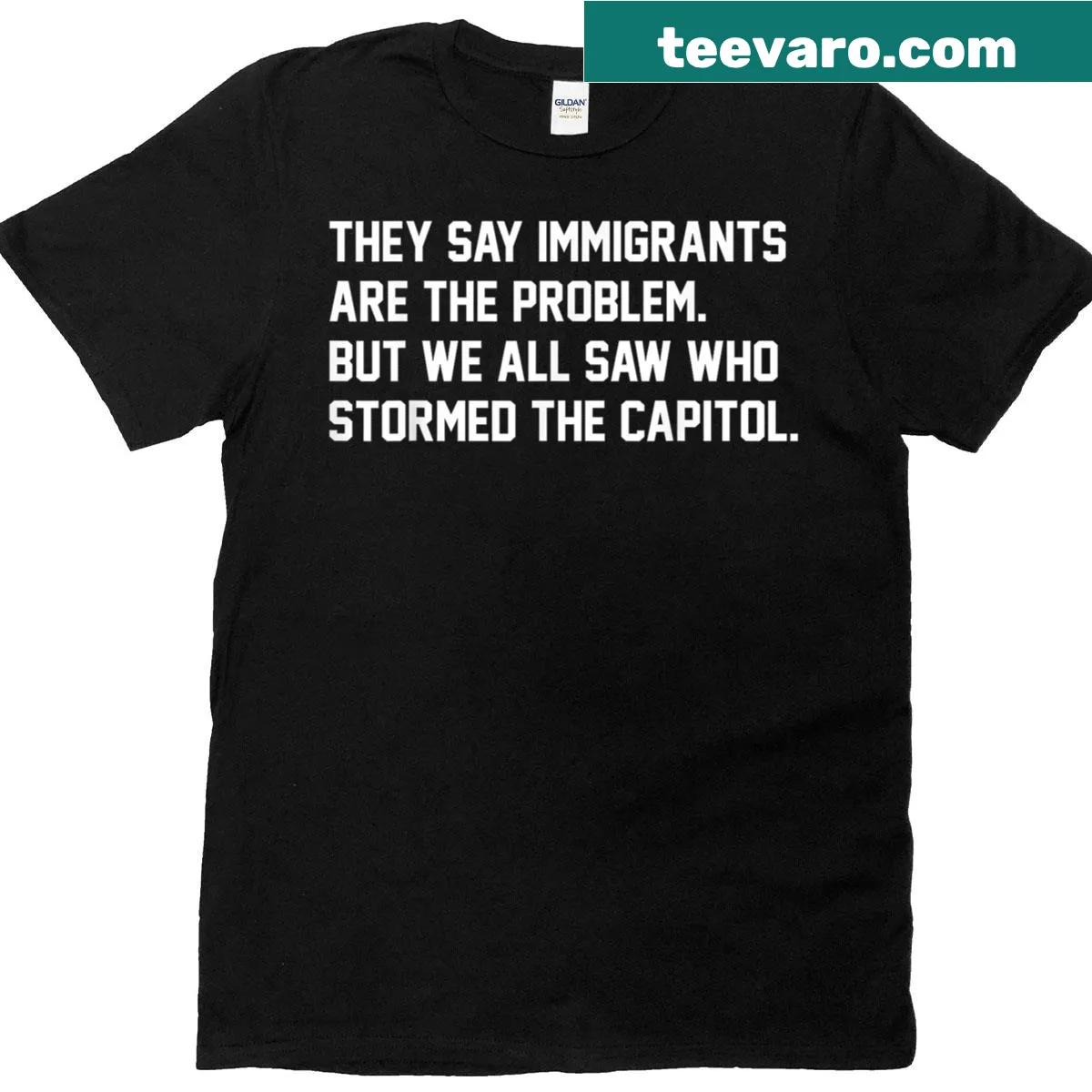 Witty T-shirt with social commentary on immigration issues. — on a men's t-shirt