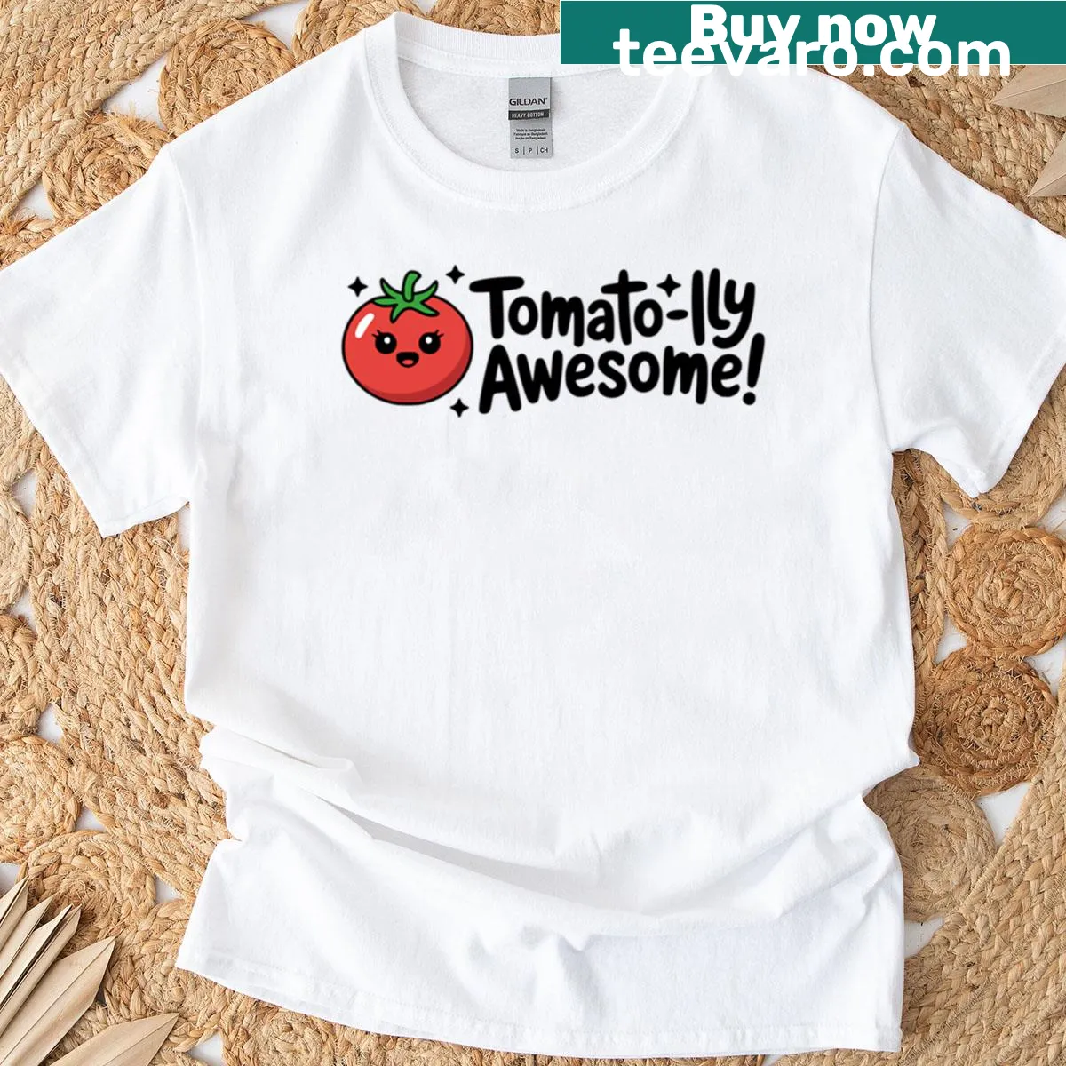 Cute cartoon tomato t-shirt with pun: Tomato-lly Awesome — on a men's t-shirt