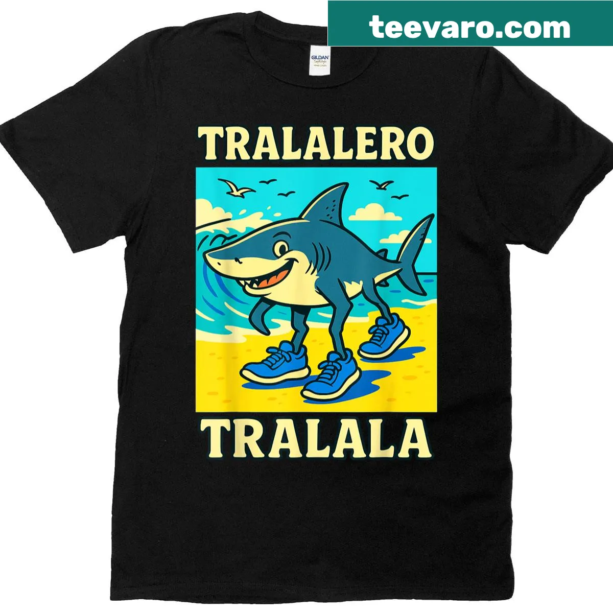 Cartoon shark with 'Tralalero Tralala' phrase on a funny meme t-shirt — on a men's t-shirt