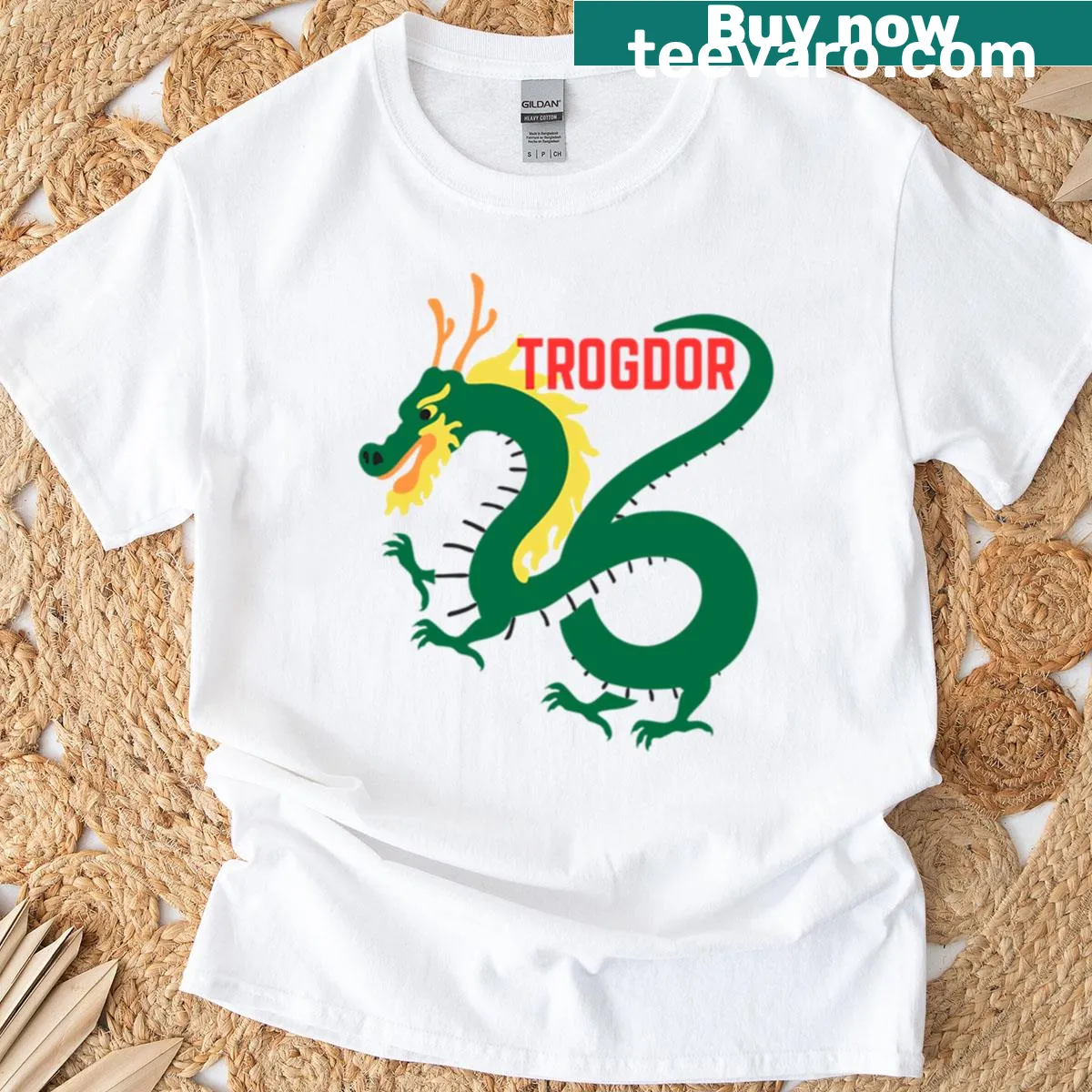 Cartoon Trogdor graphic T-shirt from internet culture — on a men's t-shirt