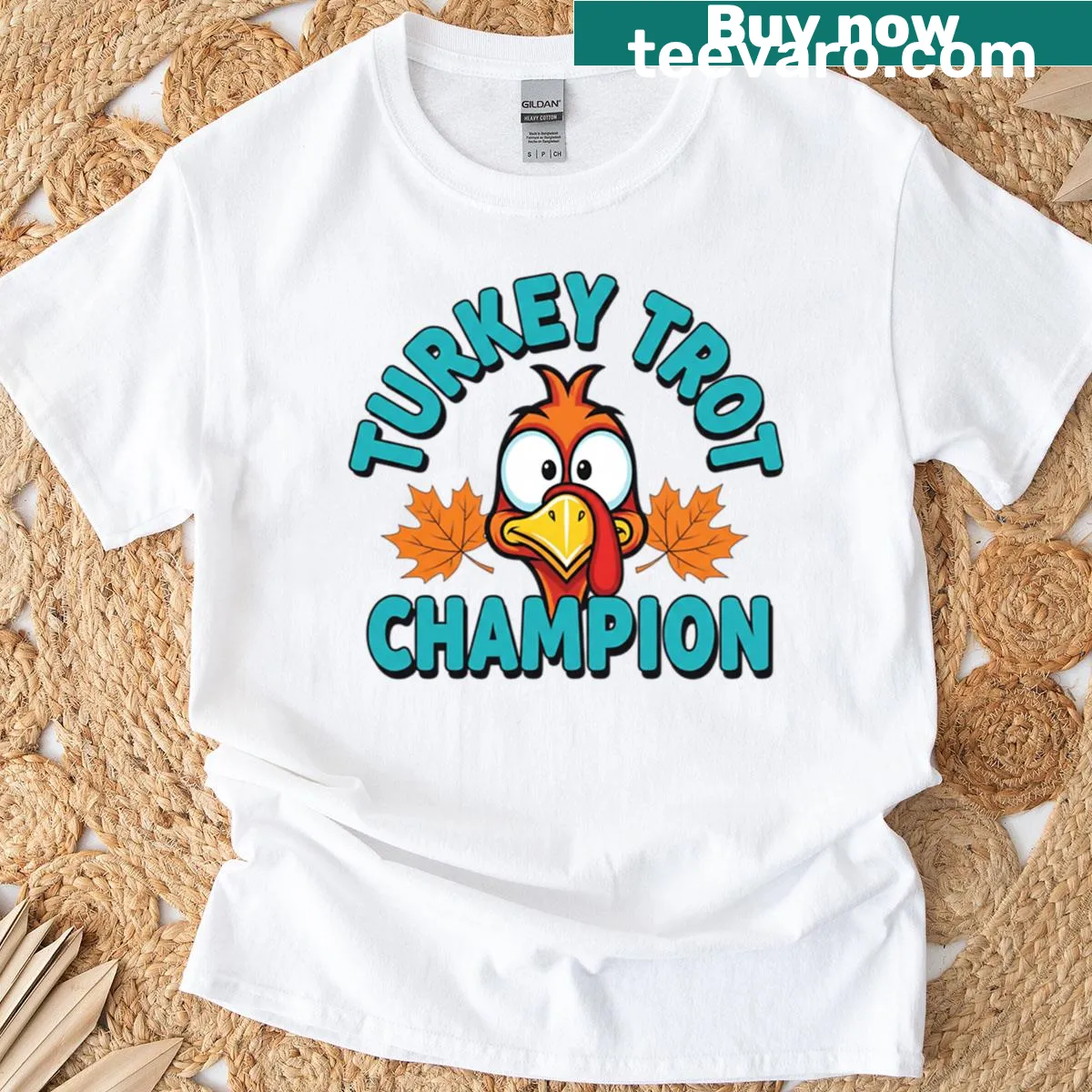 Funny Turkey Trot Champion T-shirt with Thanksgiving illustrations — on a men's t-shirt