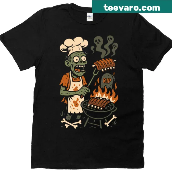 Skeleton chef grilling on an undead BBQ Halloween t-shirt