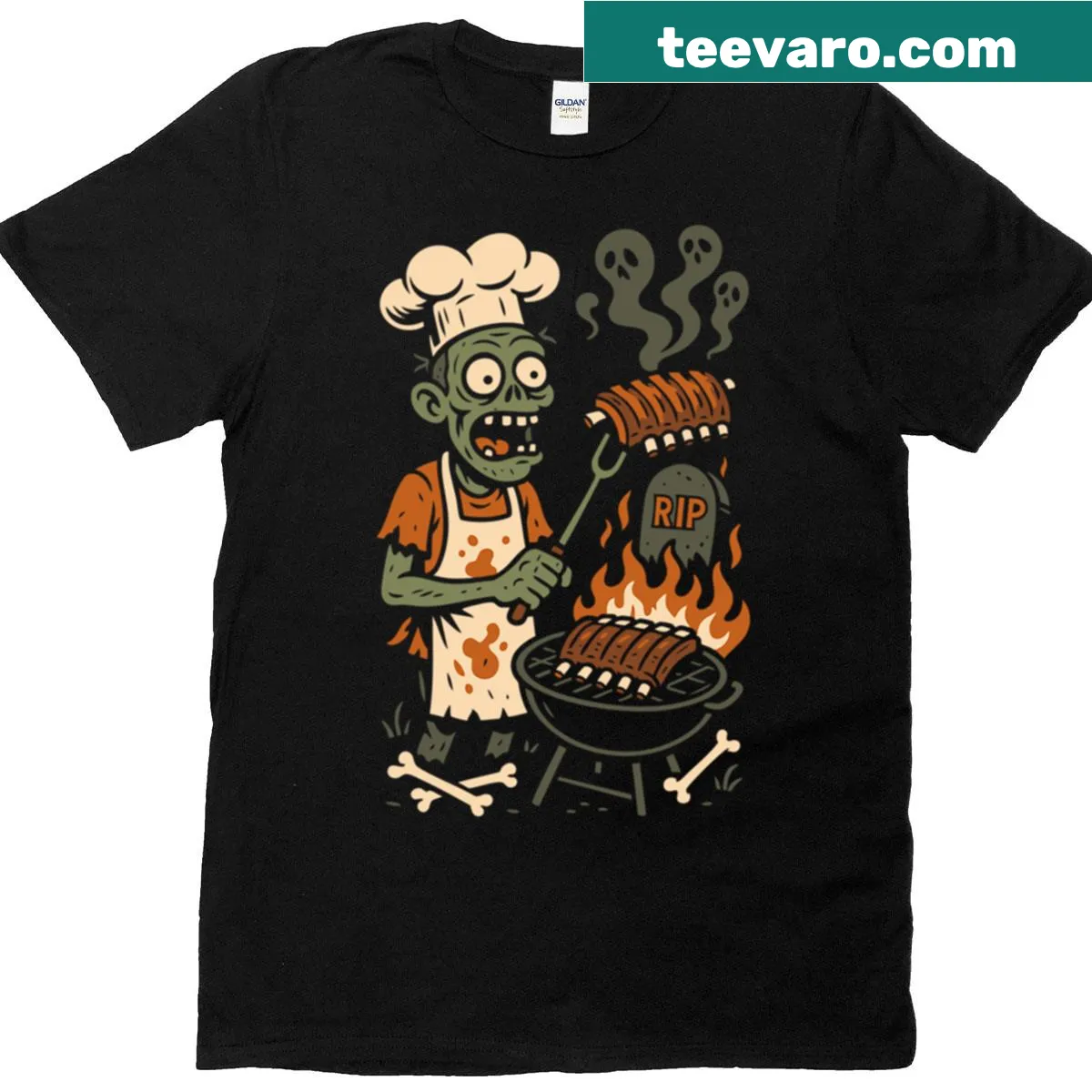 Skeleton chef grilling on an undead BBQ Halloween t-shirt — on a men's t-shirt