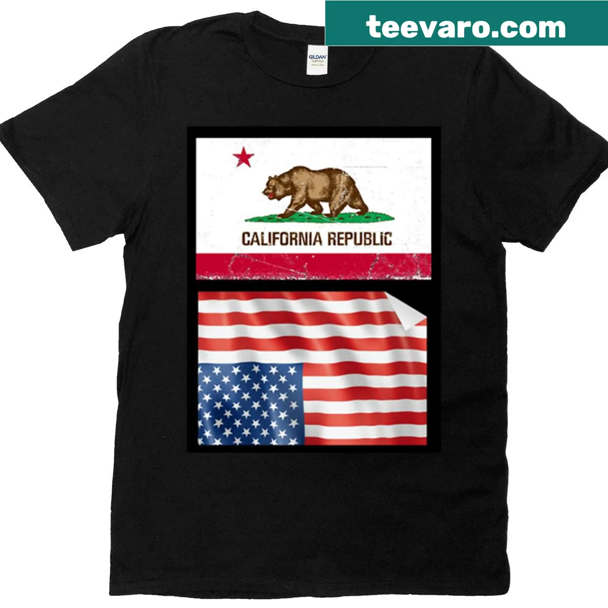 Upside down American flag paired with California Republic flag t-shirt — on a men's t-shirt