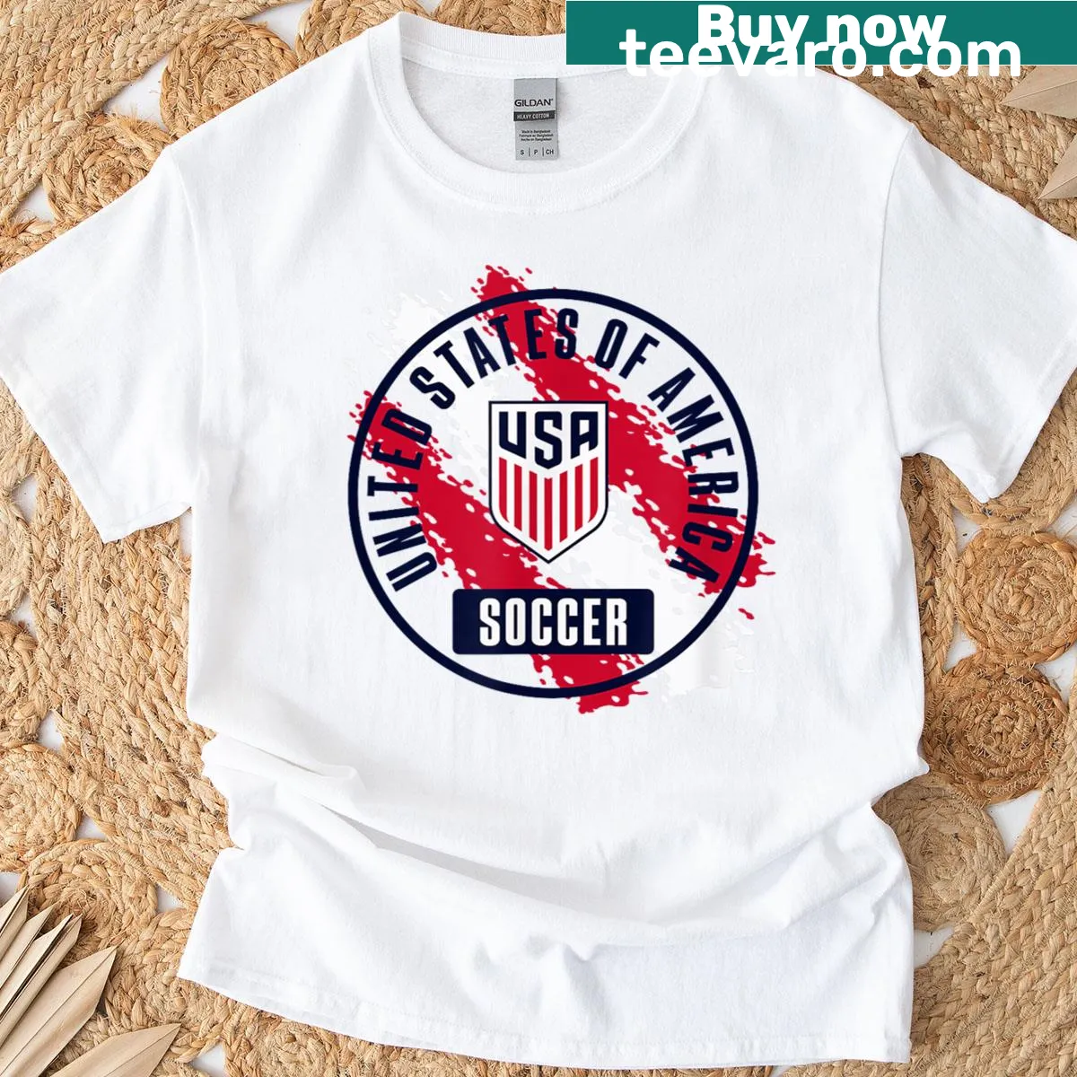Retro USMNT soccer shirt with paint splatter design — on a men's t-shirt