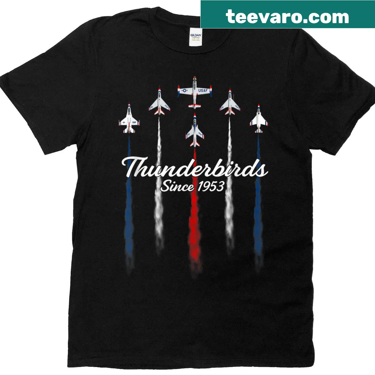 Vintage-style T-shirt with USAF Thunderbirds insignia design — on a men's t-shirt