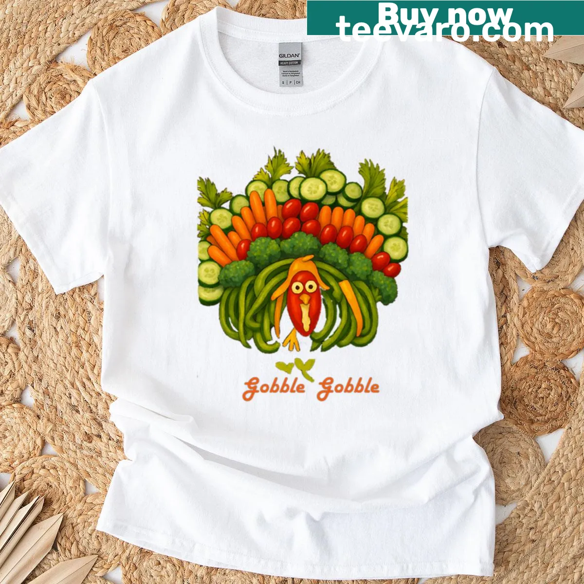 Whimsical veggie turkey illustration on a festive shirt — on a men's t-shirt