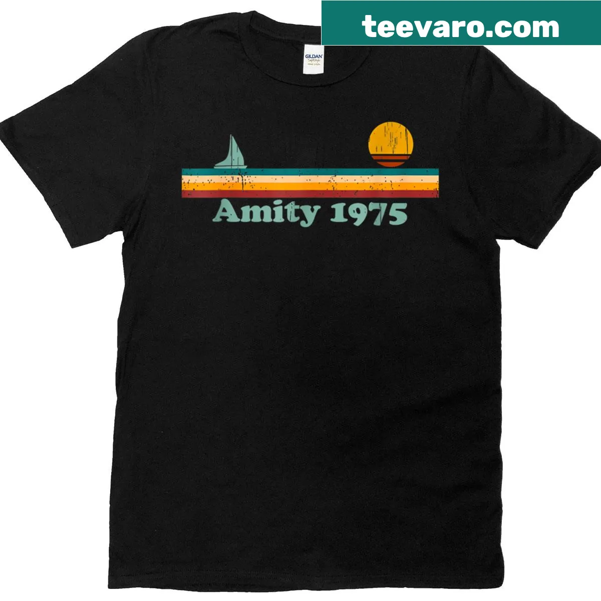 Vintage sailboat beach t-shirt with sunset design — on a men's t-shirt