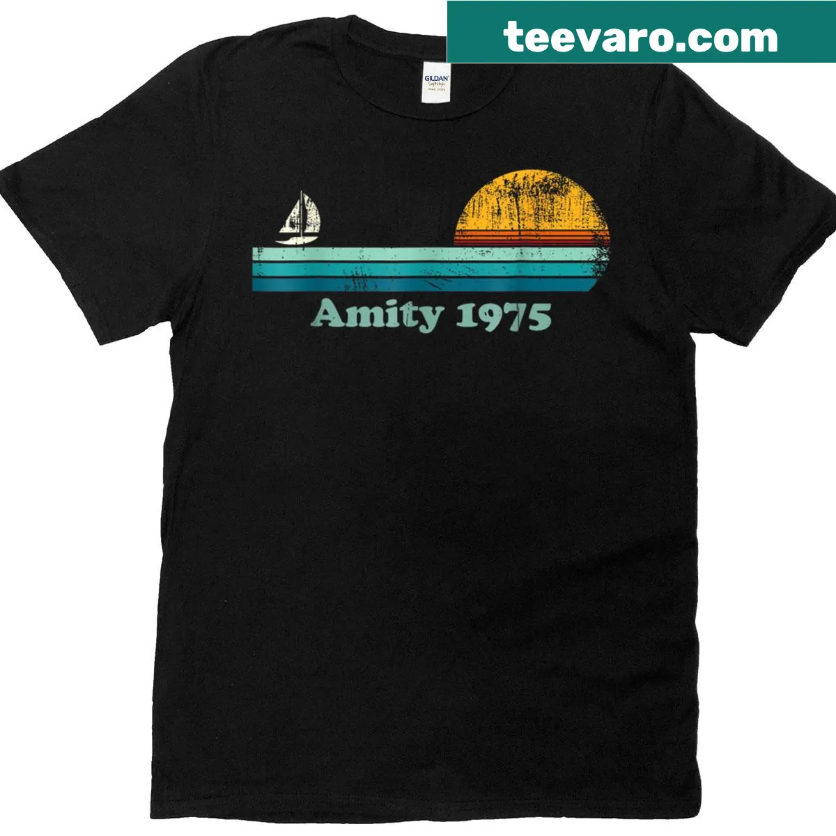 Vintage distressed T-shirt with a sailboat and sunset graphic — on a men's t-shirt