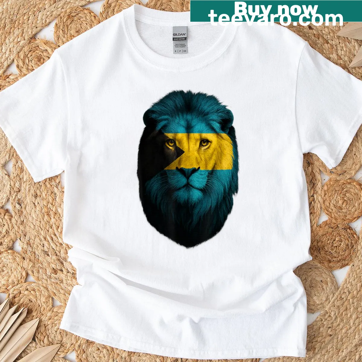 Lion T-shirt featuring the Bahamas flag illustration — on a men's t-shirt