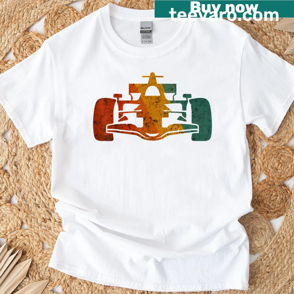 Vintage T-shirt featuring an open wheel race car design — on a men's t-shirt