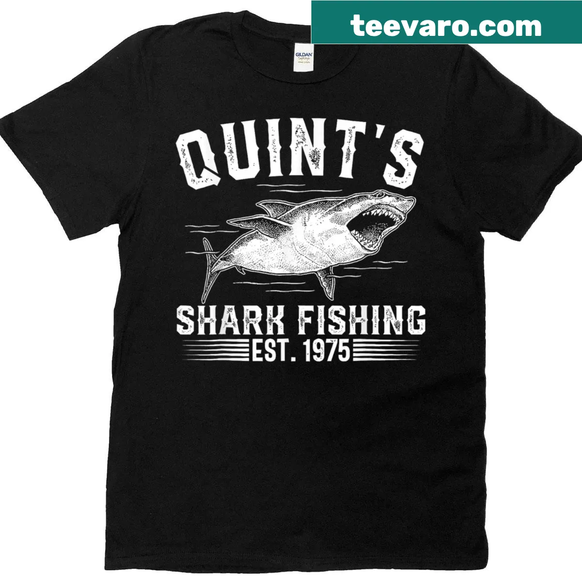 1975 retro shark fishing graphic on a vintage T-shirt — on a men's t-shirt