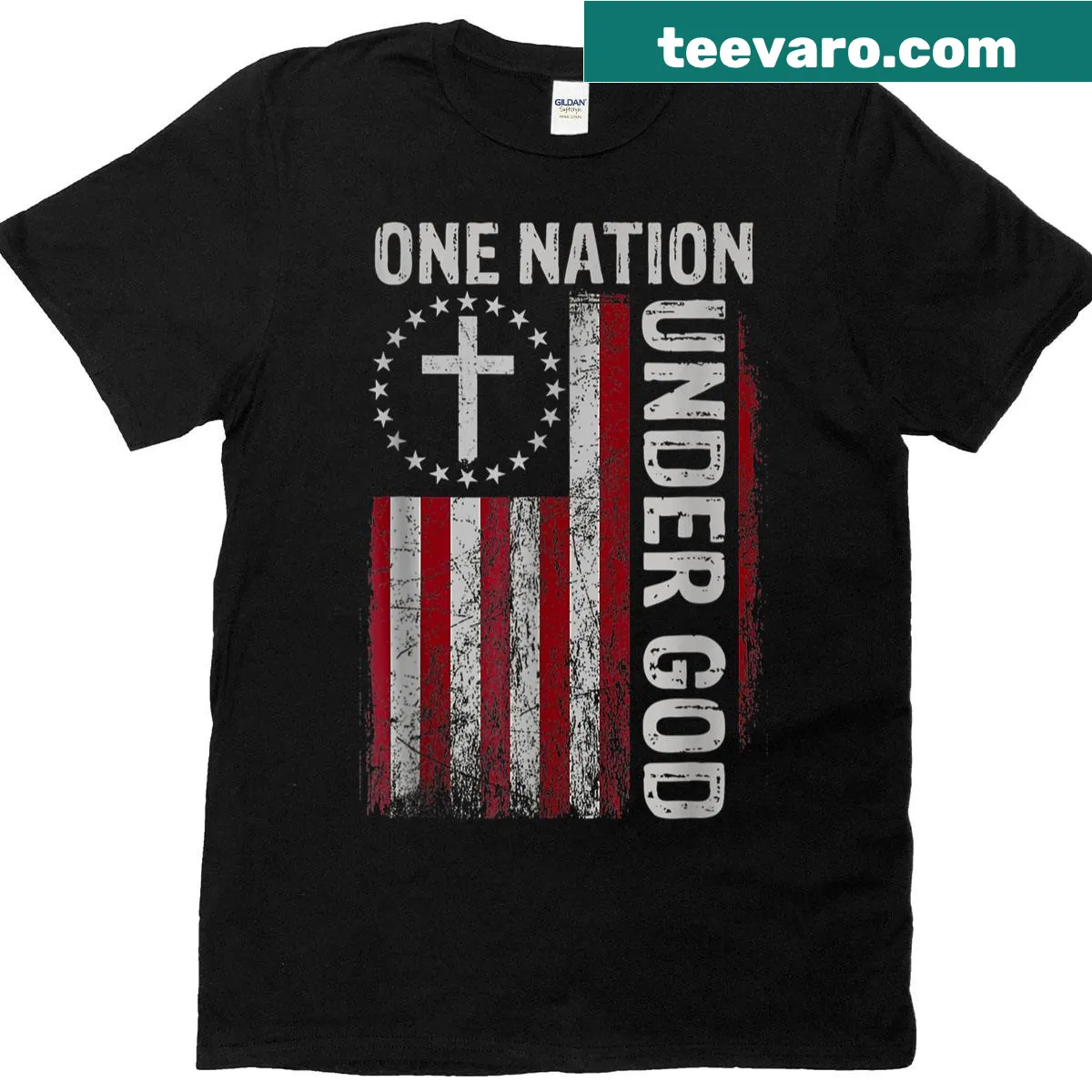 Vintage patriotic T-shirt with US flag and 'One Nation Under God' text — on a men's t-shirt