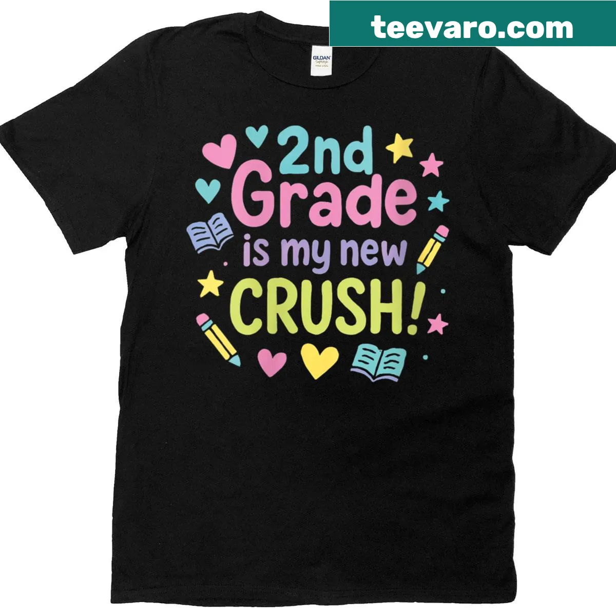 Cute back-to-school t-shirt with '2nd Grade Is My New Crush' text — on a men's t-shirt