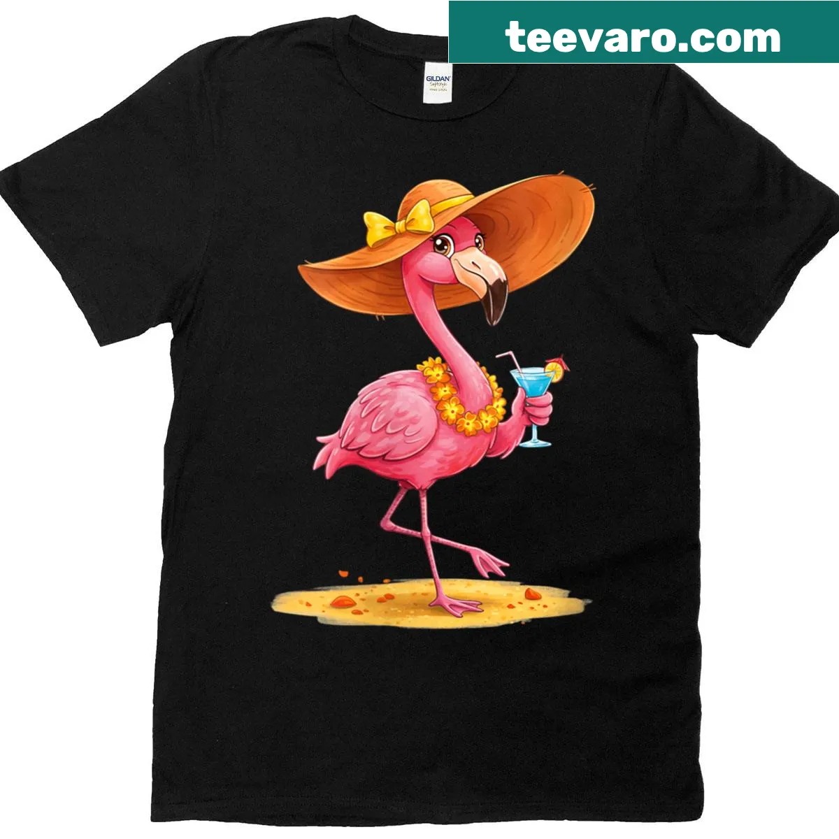 Cute flamingo drinking coconut T-shirt for women with summer vibes — on a men's t-shirt