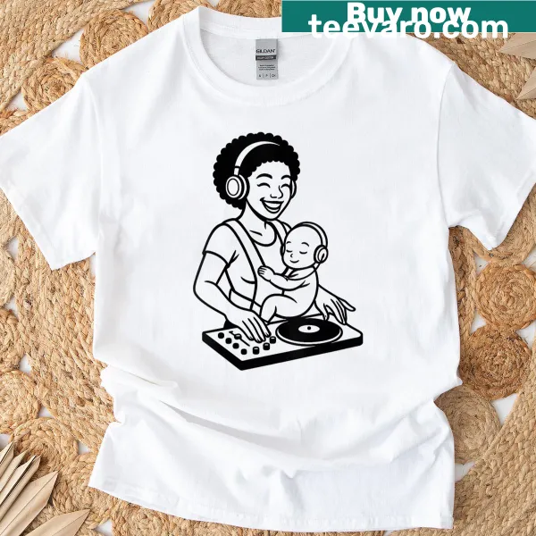 Whimsical DJ mom graphic with baby mixer on a women's tee