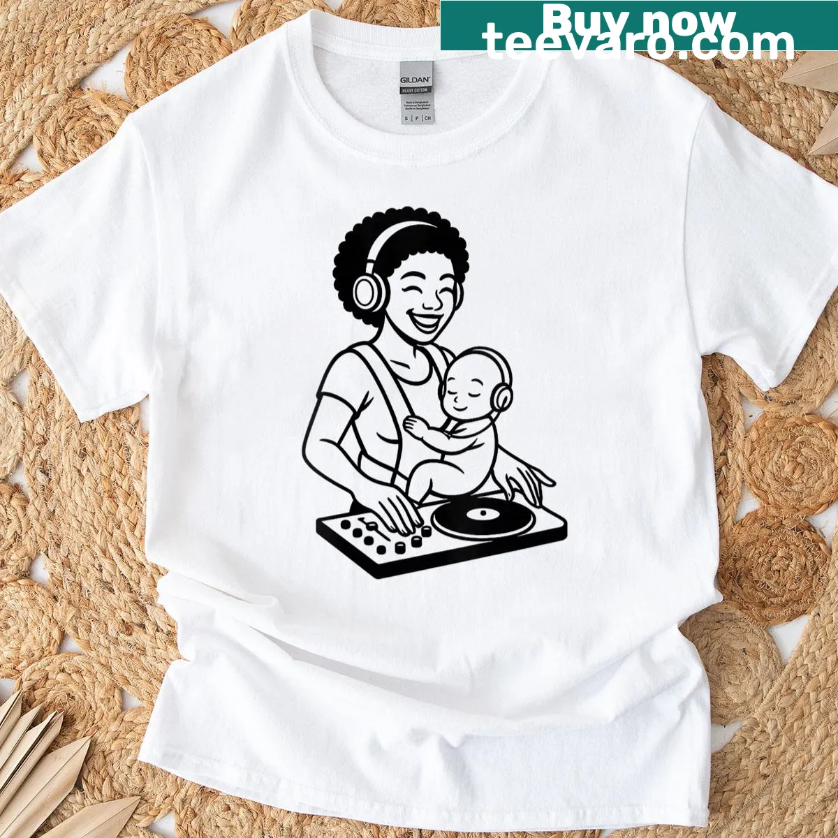 Whimsical DJ mom graphic with baby mixer on a women's tee — on a men's t-shirt