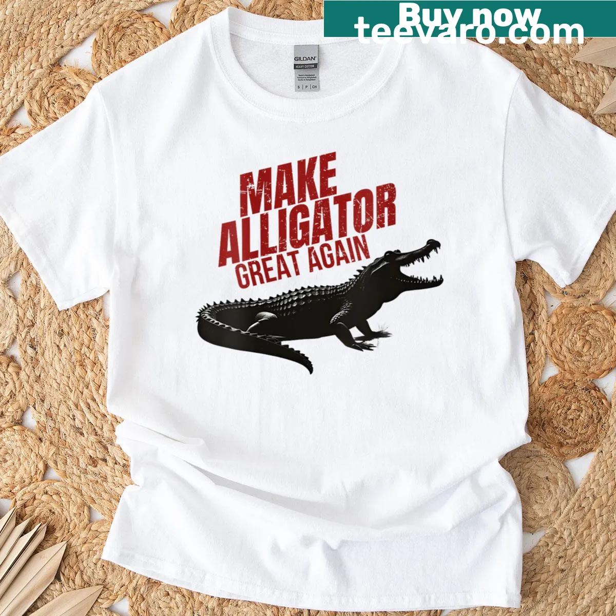 Funny alligator graphic with parody text on a women's tee — on a men's t-shirt