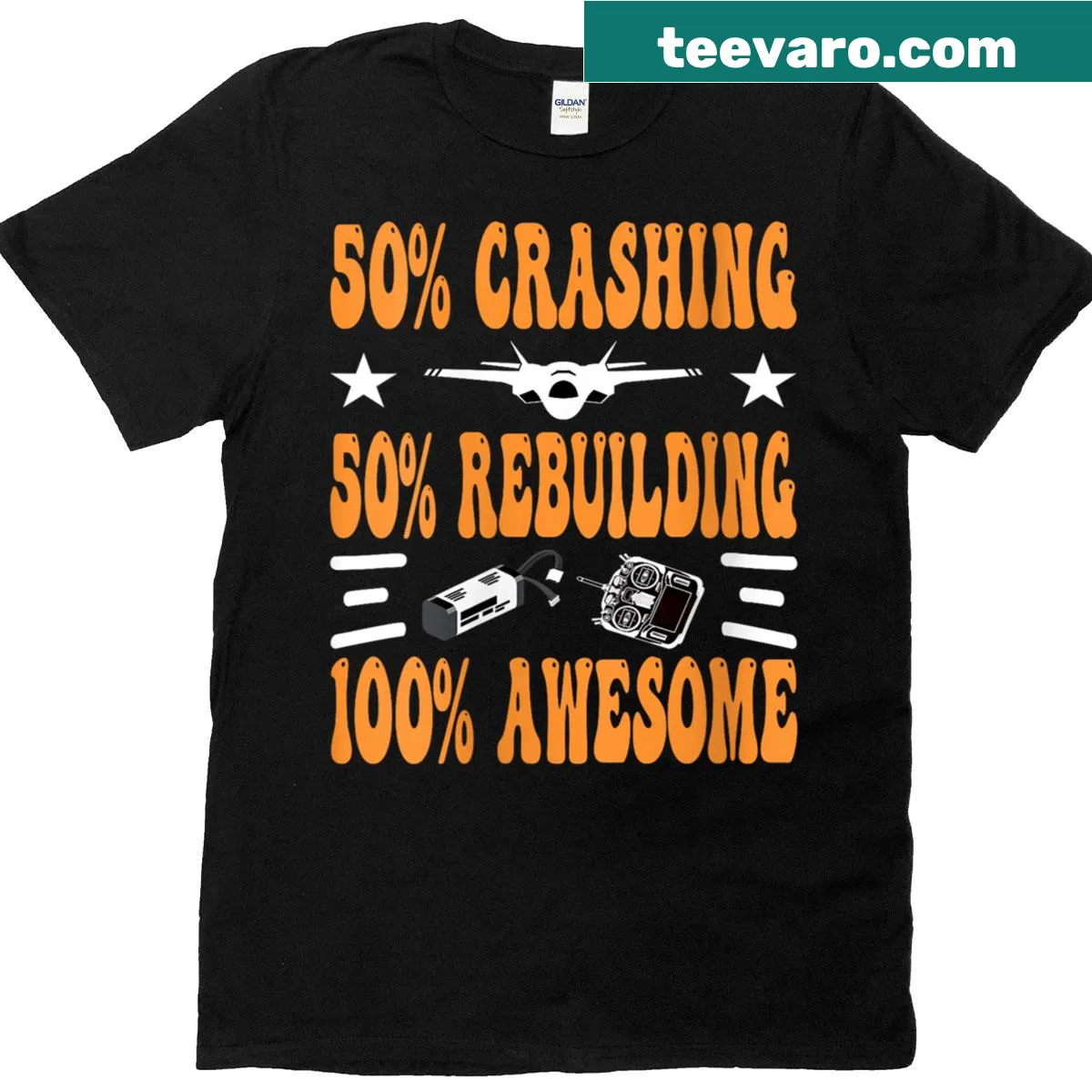 Vintage distressed RC plane-themed T-shirt with a humorous crash and rebuild graphic — on a men's t-shirt