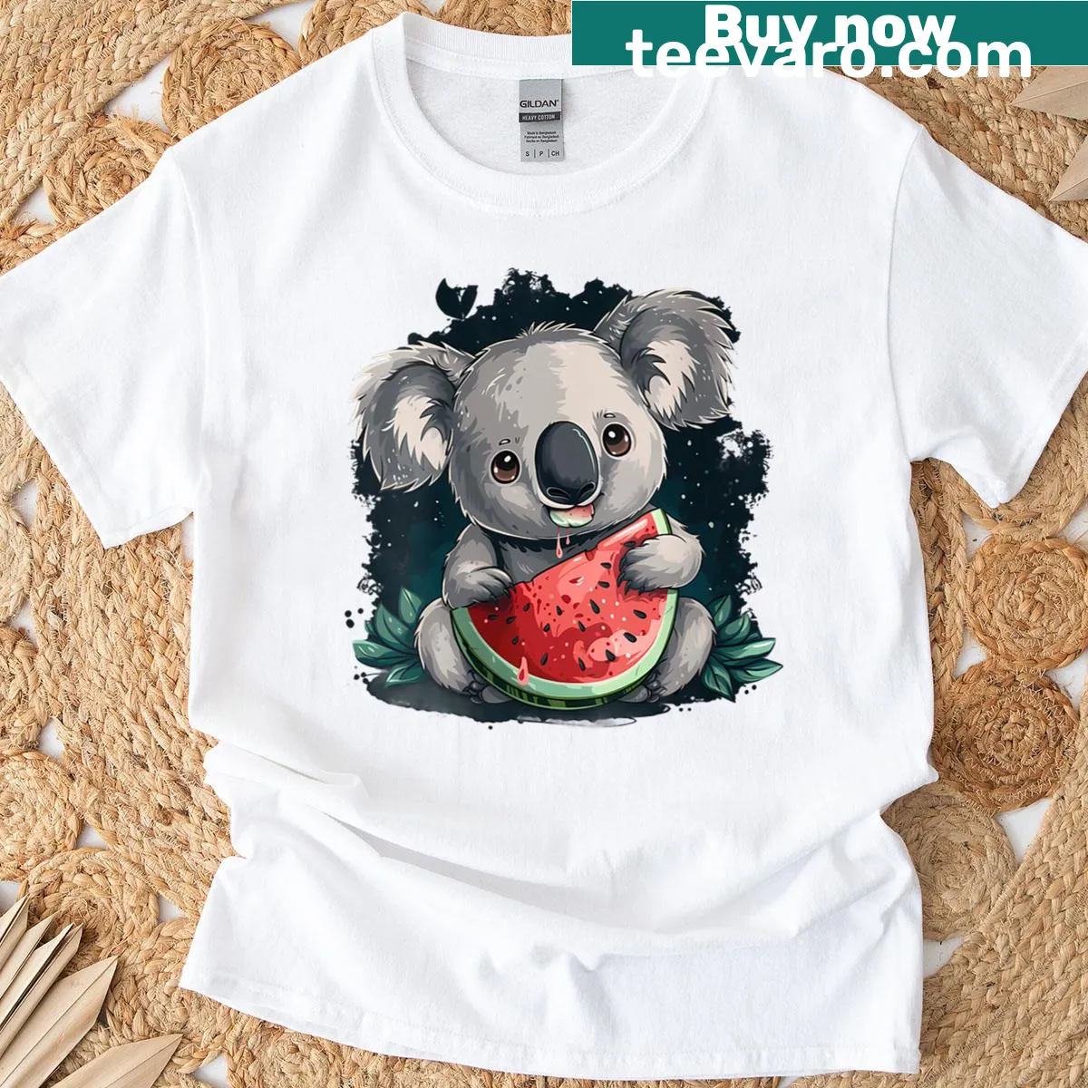 Koala bear surrounded by watermelons illustration on a T-shirt — on a men's t-shirt