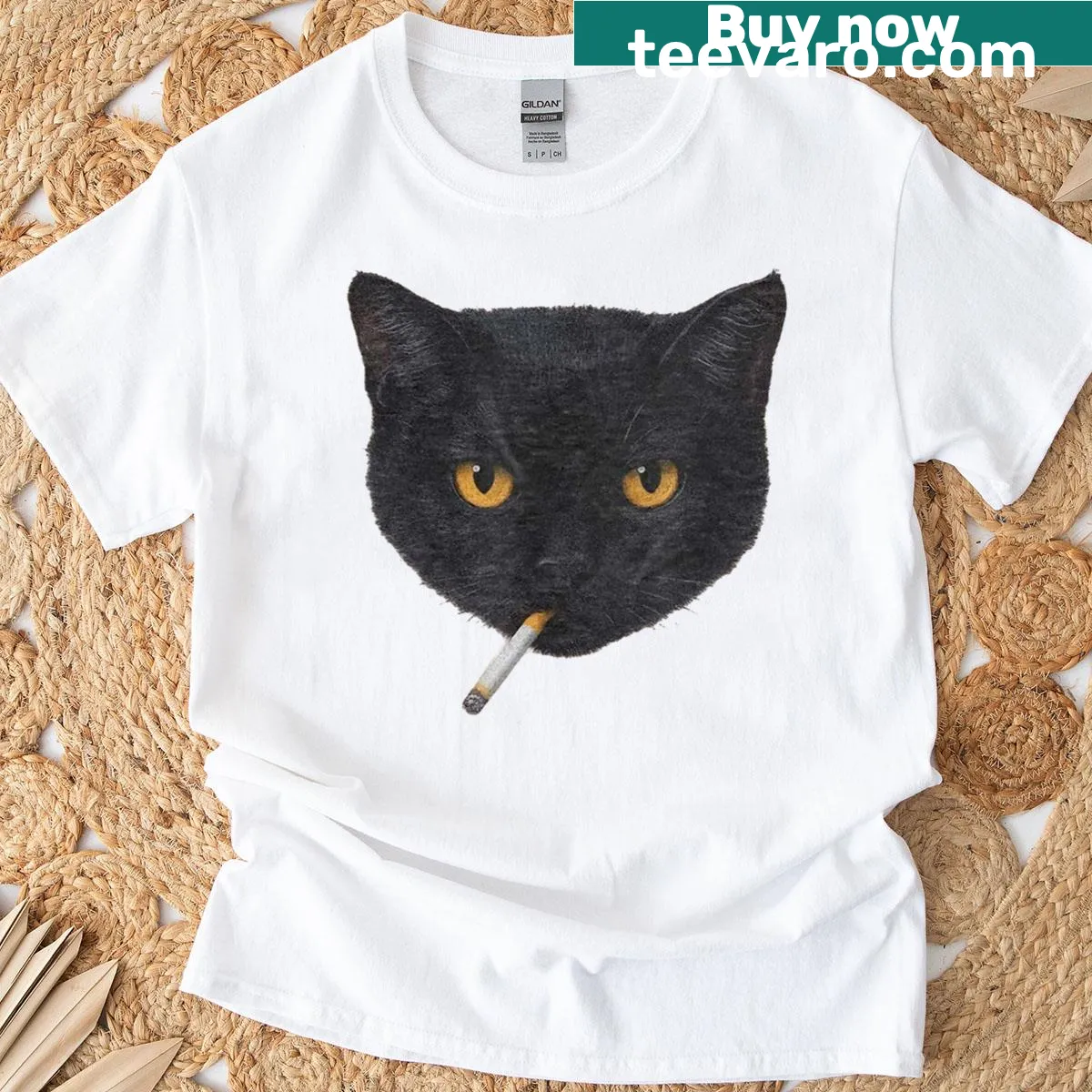 Vintage-style tee featuring a retro black cat design — on a men's t-shirt