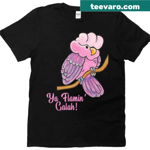 Cute T-shirt with an illustration of a flamin' galah Aussie bird in pink and purple