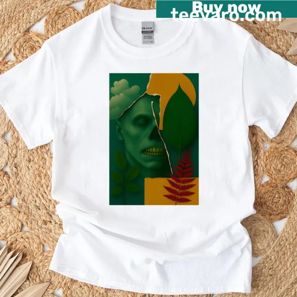 Undead woman face illustration on a horror-themed t-shirt