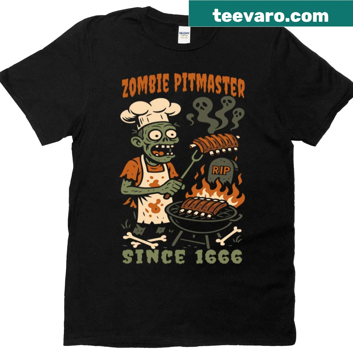 Zombie pitmaster-themed t-shirt — on a men's t-shirt