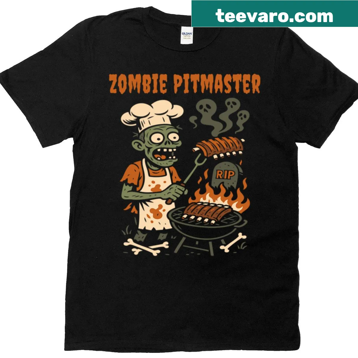 Skeleton chef grilling with Halloween theme illustration — on a men's t-shirt