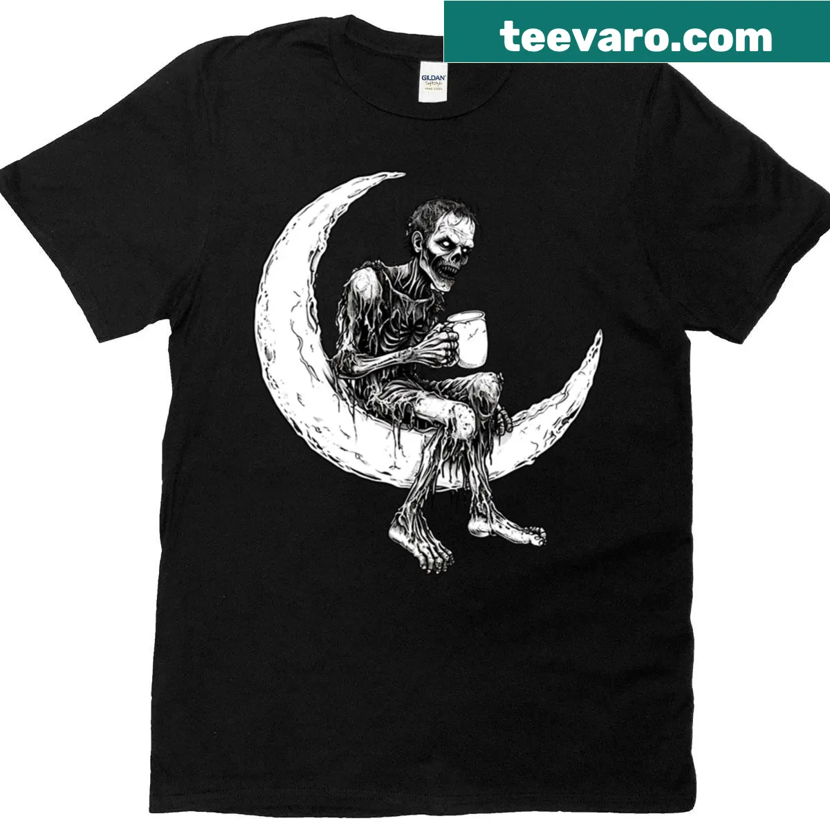 T-shirt with a happy zombie character holding dark beer — on a men's t-shirt