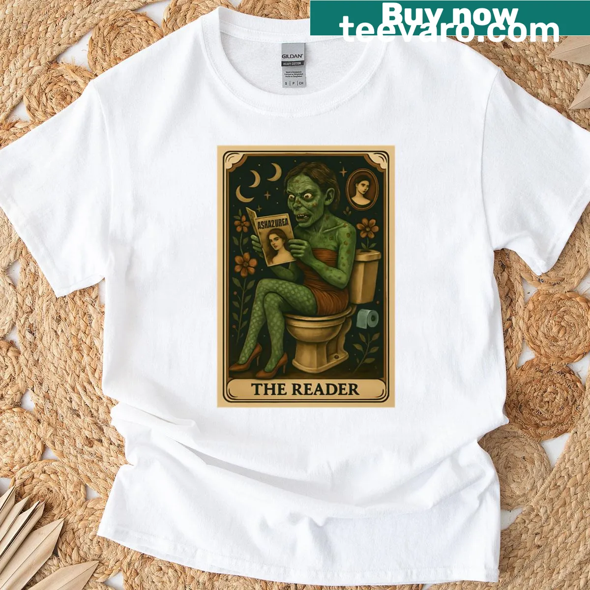 Funny zombie woman reading graphic on t-shirt — on a men's t-shirt