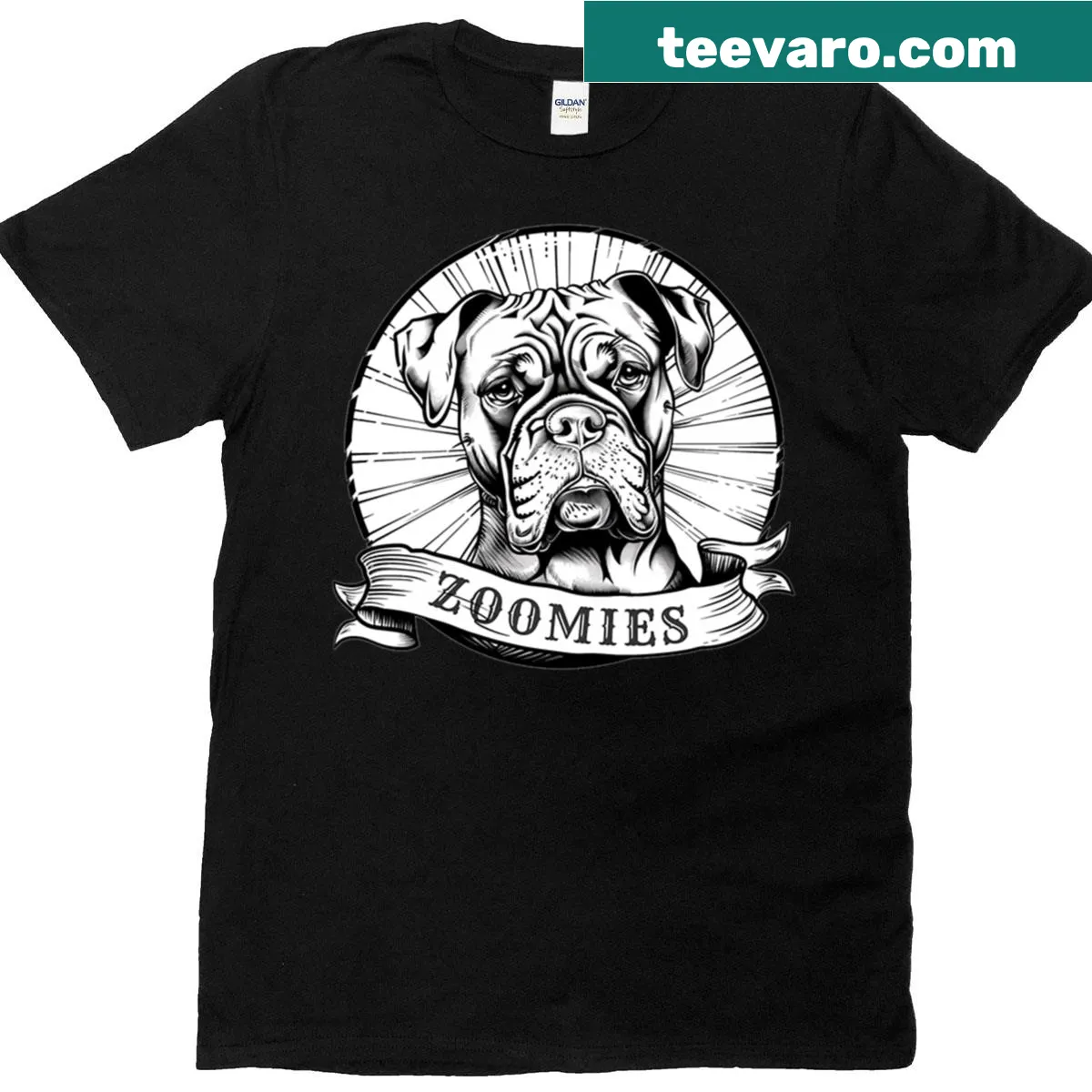 Illustration of a zooming boxer dog capturing playful energy — on a men's t-shirt