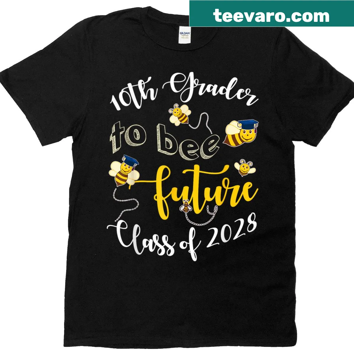 Playful T-shirt celebrating 10th grade with bee graphic — on a men's t-shirt