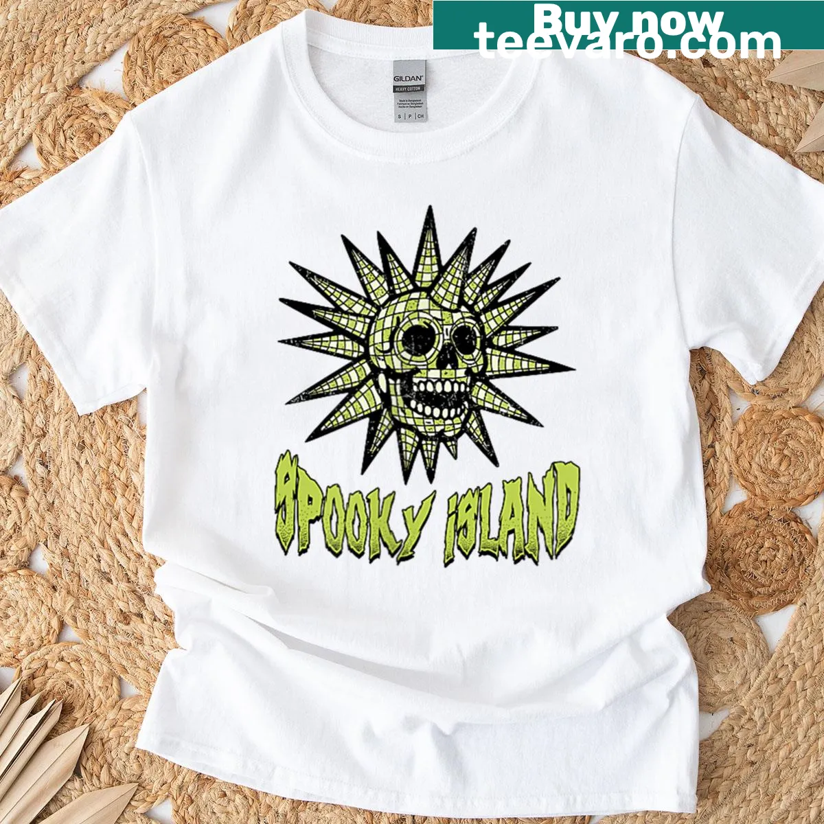 Retro amusement park t-shirt with spooky island design — on a men's t-shirt
