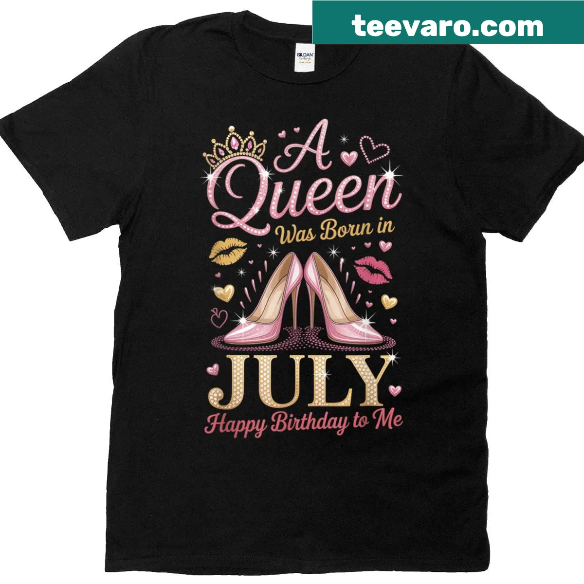 Birthday T-shirt with 'A Queen Was Born In July' text and high heel graphics — on a men's t-shirt