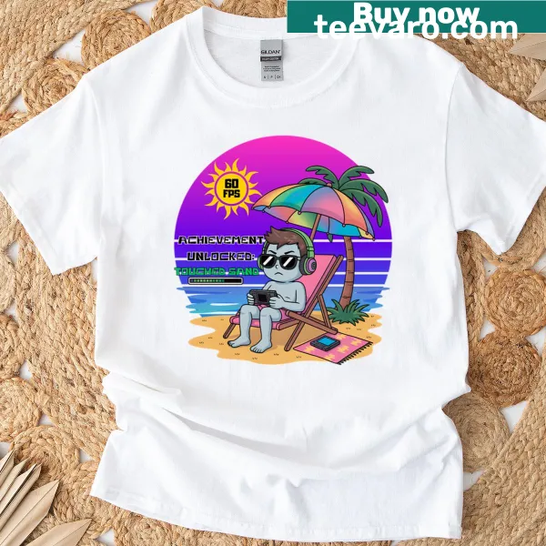 Oversized gamer t-shirt with 'Achievement Unlocked: Touched Sand' text