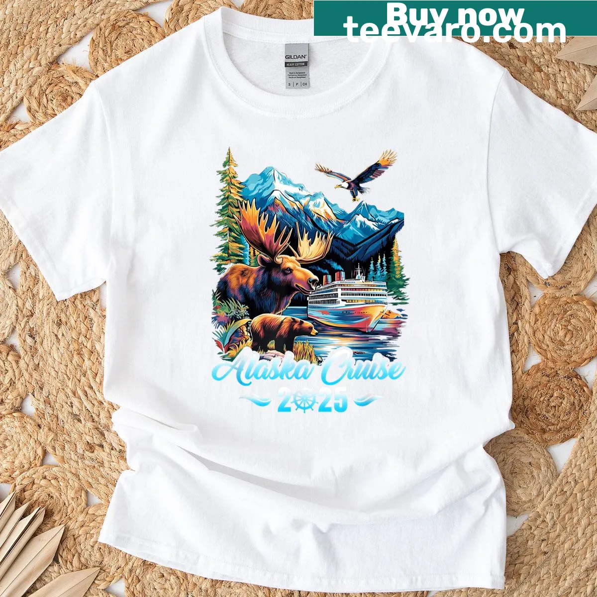 T-shirt celebrating an Alaskan cruise with a family illustration — on a men's t-shirt
