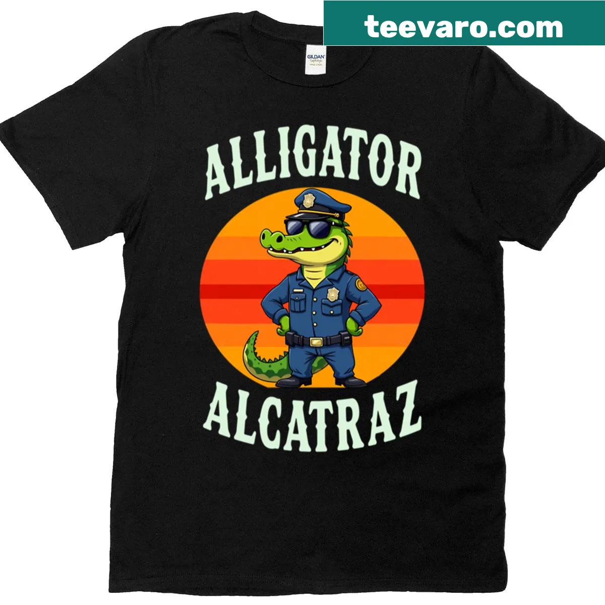 Cartoon T-shirt featuring an alligator and Alcatraz prison theme — on a men's t-shirt